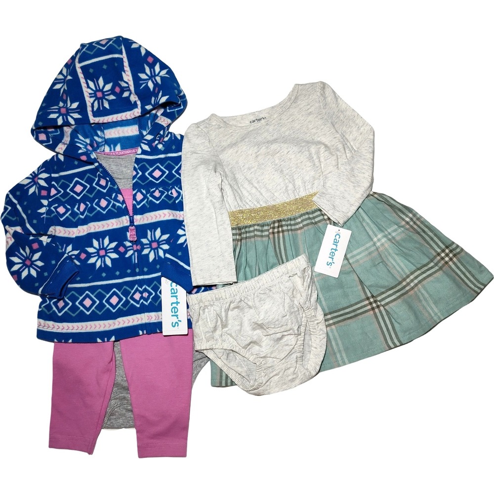 Carter's Baby Girl 12 Mos Dress 3pc Outfit Lot Leggings Fleece Hooded Jacket NWT